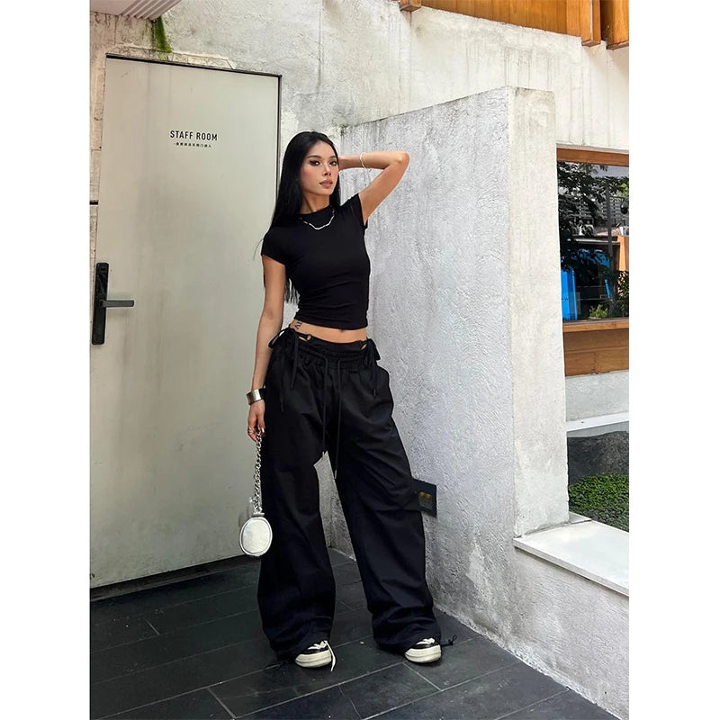 Women's Wide Leg Cargo Pants with Lace Up Waist Details