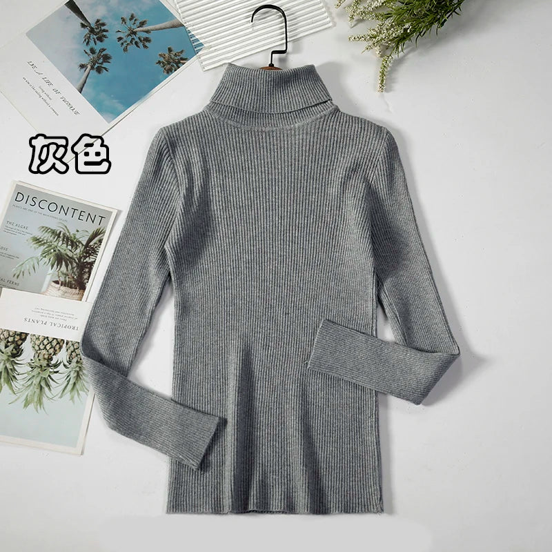 Women's Ribbed Roll Neck Long Sleeve Sweater Casual Knit Layer