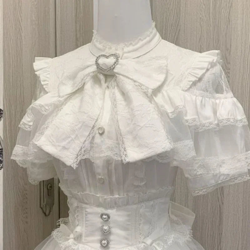 Women's Lace Trim Sailor Collar Short Sleeve Blouse