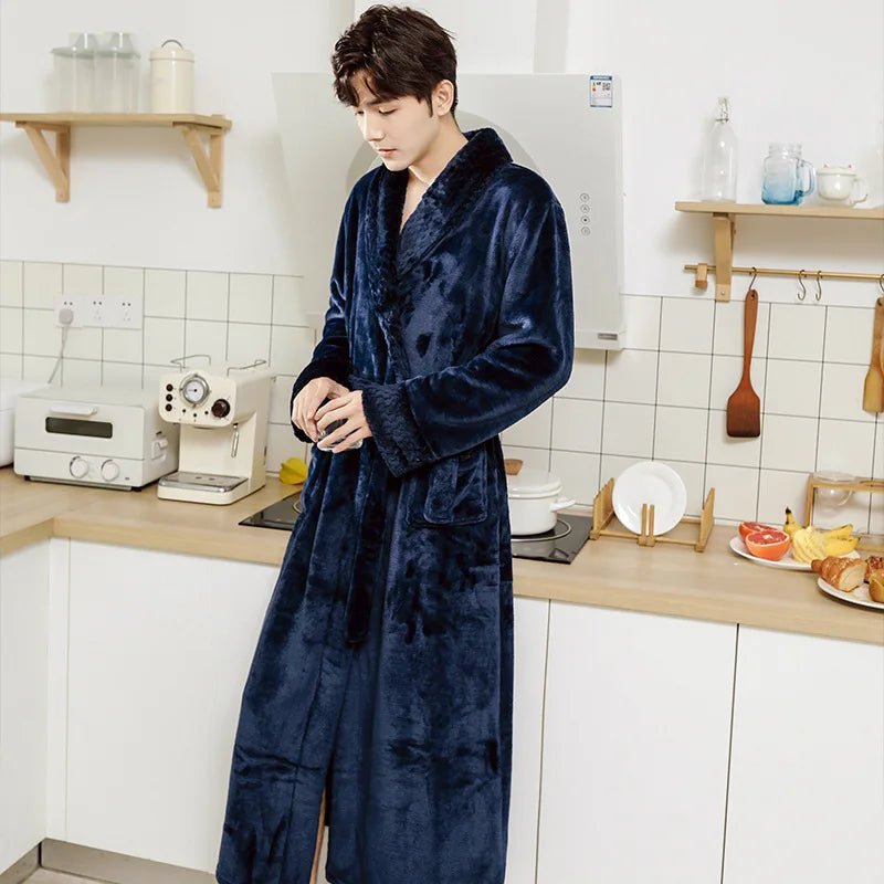 Fleece Lapel Collar Long Sleeve Tie Waist Homewear Bathrobe