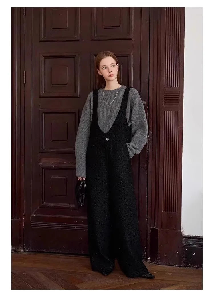 Vintage thick cashmere knitwear women's fall/winter loose shoulder crew neck sweater base sweater
