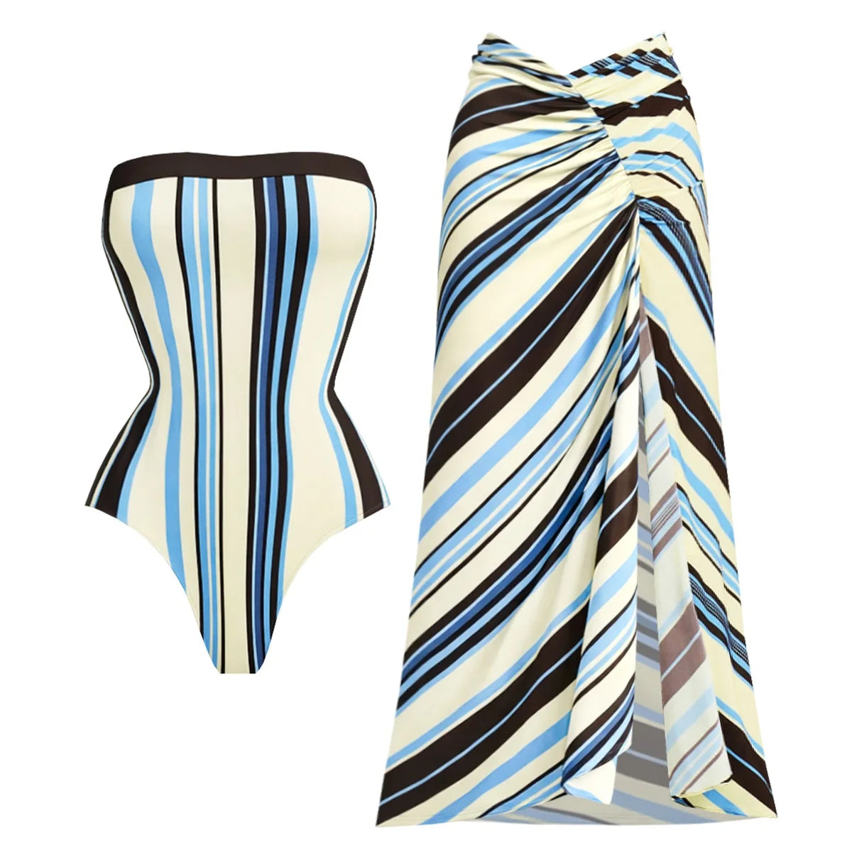 Striped Cutout One-Piece Swimsuit with Long Skirt