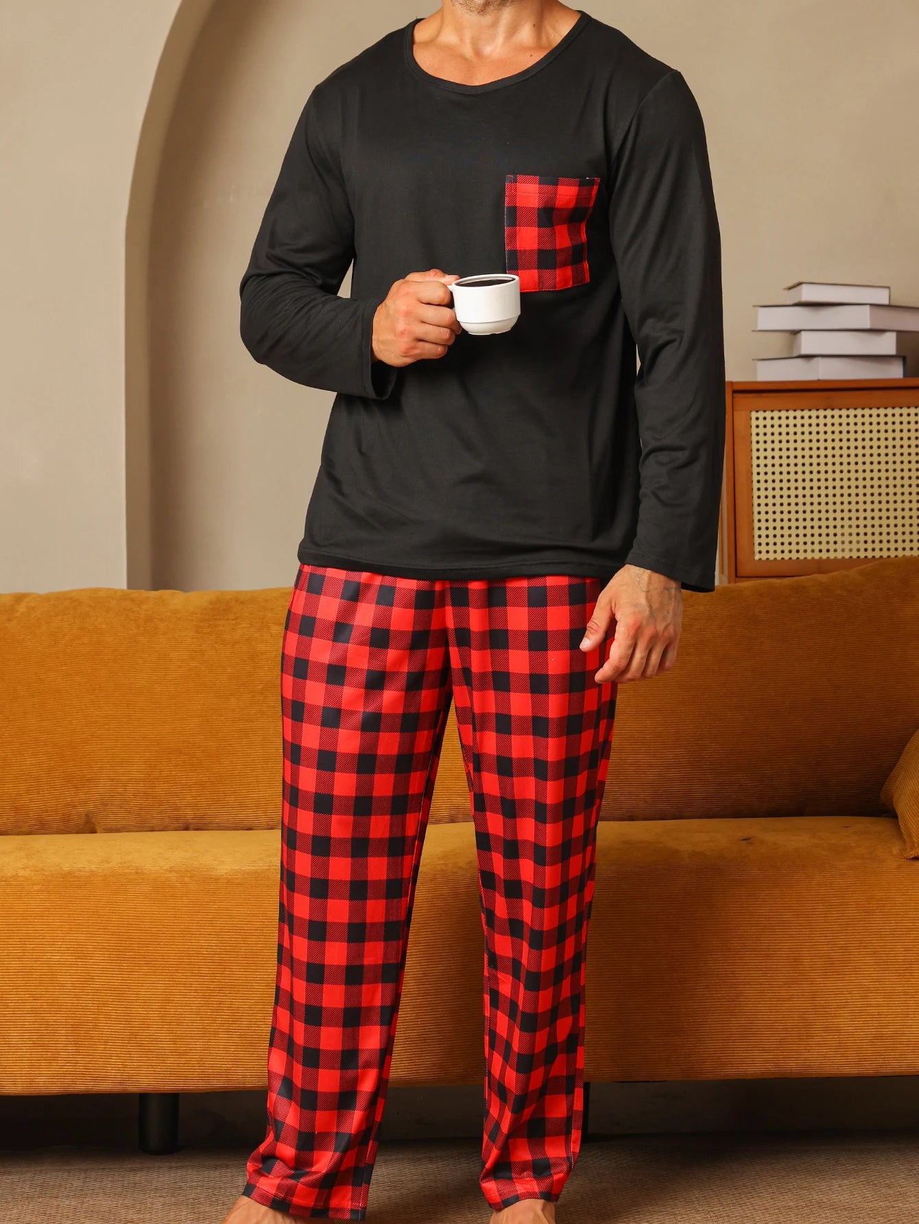 Men's Long Sleeve Pocket Top and Plaid Pants Pajama Set