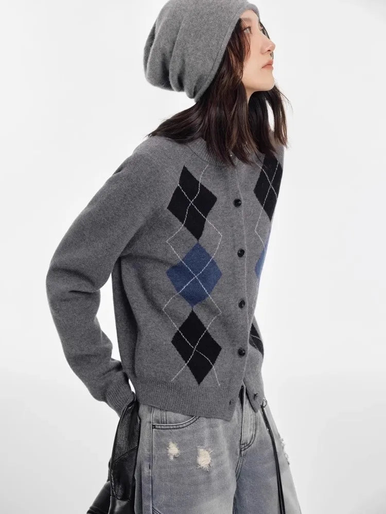 Autumn diamond-shaped cardigan women 100 pure cashmere sweater European high-end color-blocking knitted sweater coat