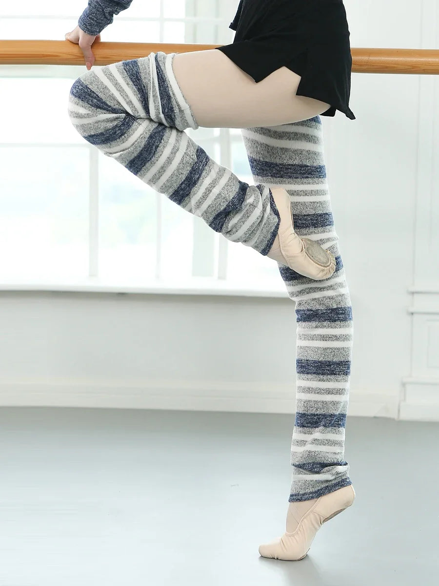 Striped Long Dance Leg Warmers with Ribbed Knit Texture