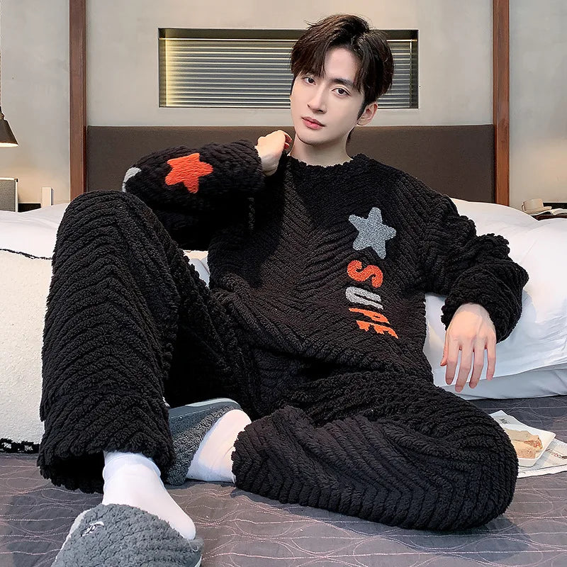 Men's Textured Long Sleeve Top and Pants Pajama Set