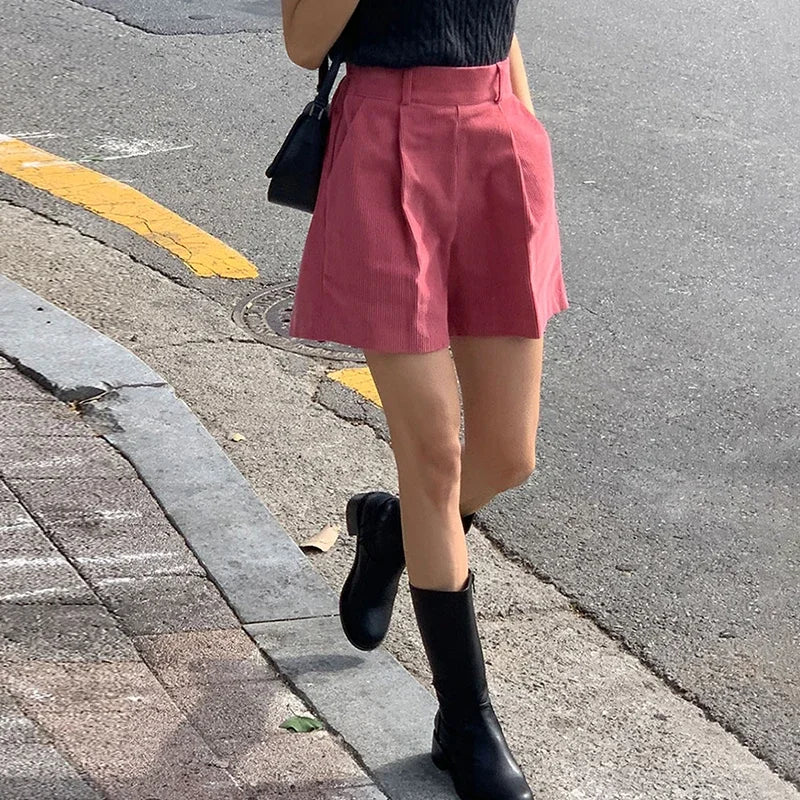 Women's 97% Cotton Corduroy High-Waist Shorts with Side Pockets for Everyday Wear