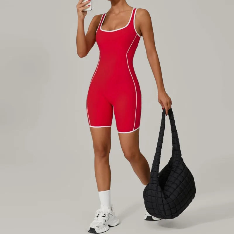 Women's Contrast Trim Nylon Blend Workout Romper with Racerback Cutout