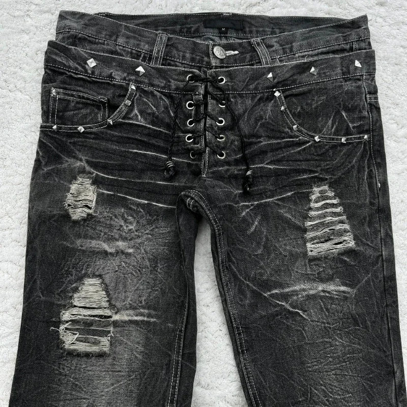 Women's Lace Double Waist Distressed Flared Denim Jeans