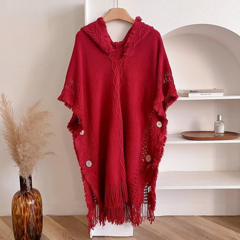 Hooded Crochet Fringe Poncho for Layering over Outfits