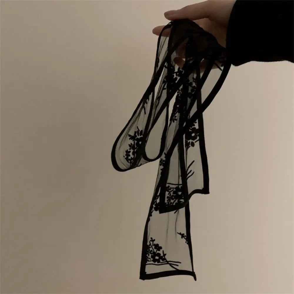 Floral Lace Ribbon Scarf with Sheer Decorative Texture