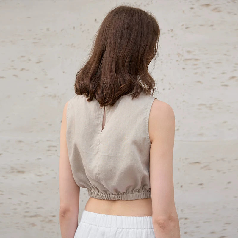 Women's Linen-Viscose Sleeveless Cropped Tank Top with Gathered Hem for Casual Outfits