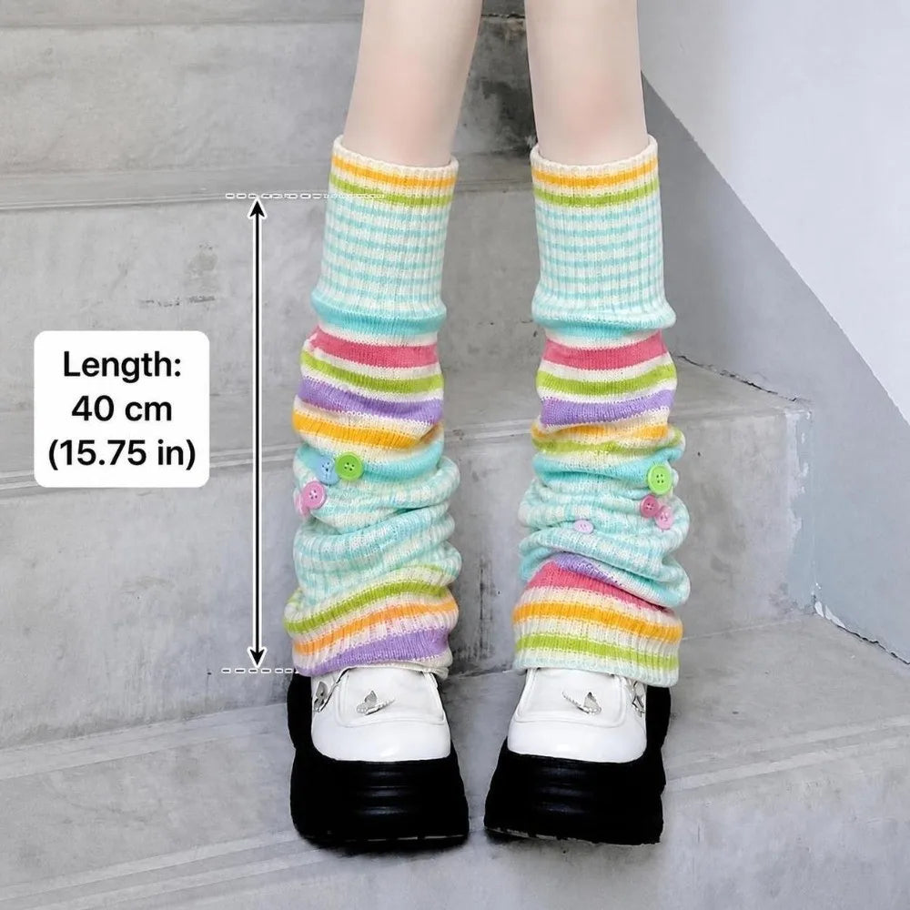 Pastel Striped Knit Leg Warmers with Decorative Floral Details