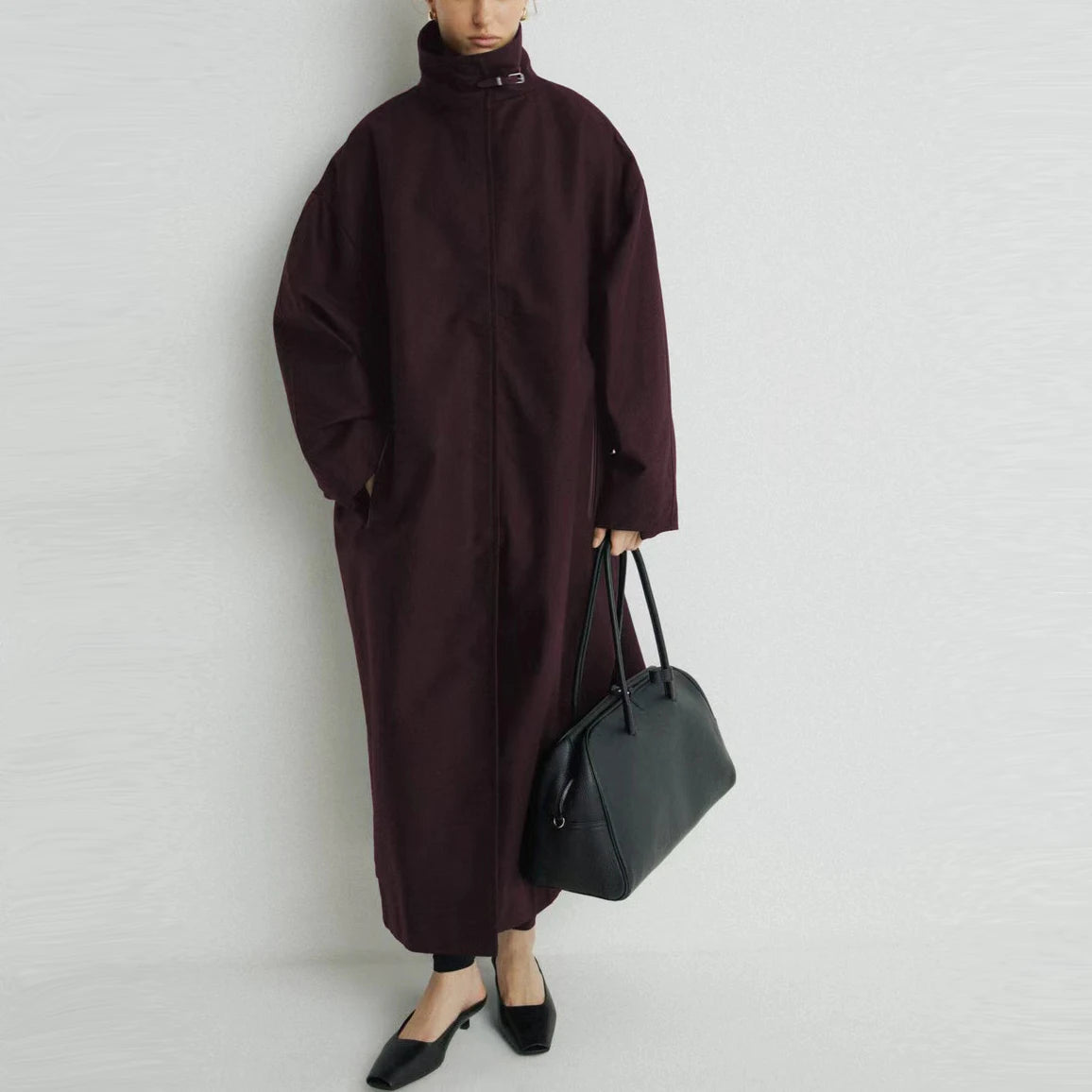Women's Long Stand Collar Front Opening Coat for Layered Outfits