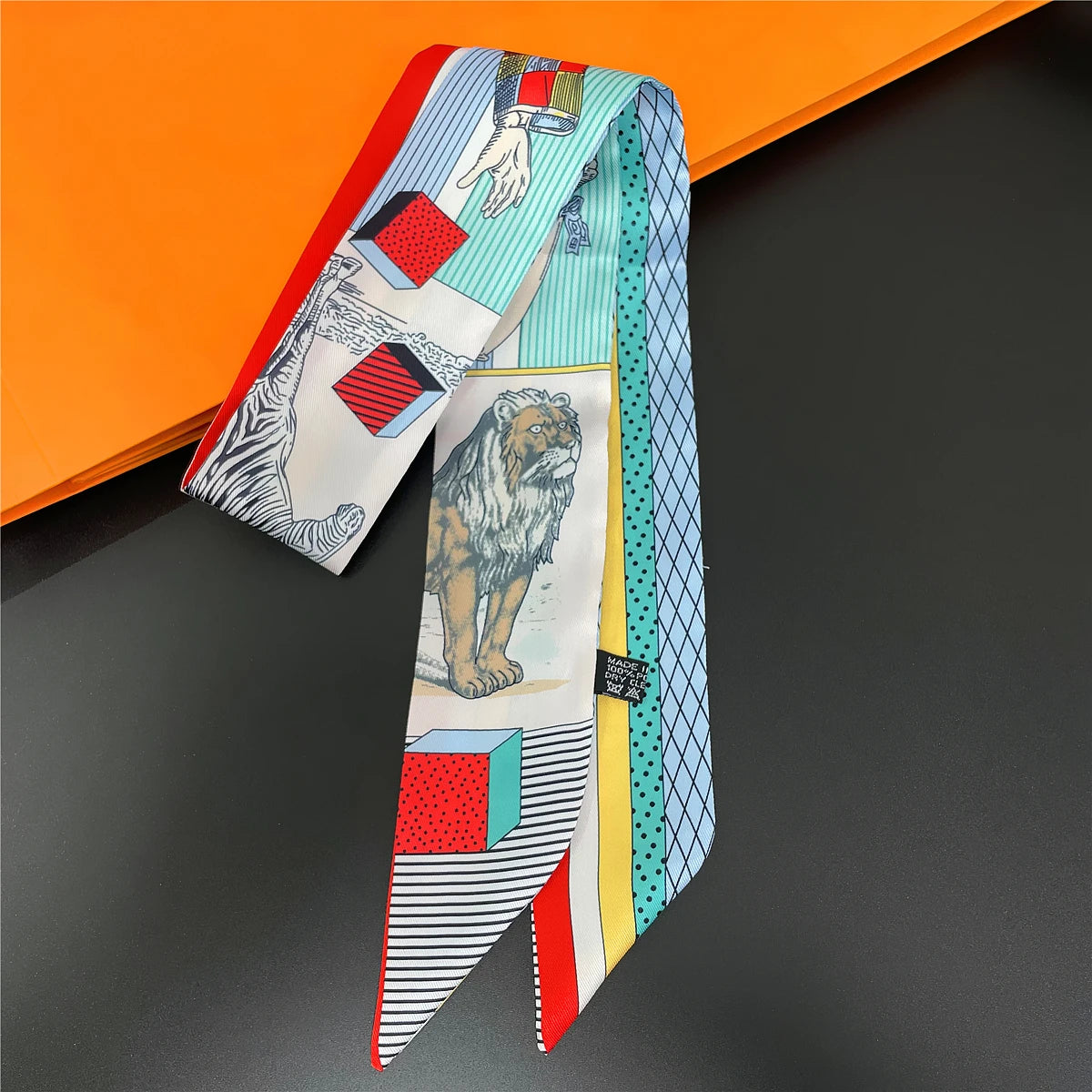 Colorful Printed Skinny Ribbon Scarf with Tie Ends