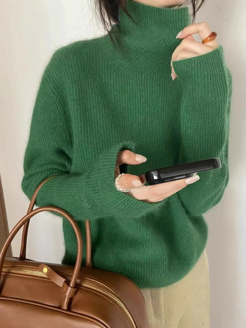 Foreign style autumn and winter turtleneck 100% pure cashmere sweater women lazy loose thick jumper knitted wool base shirt