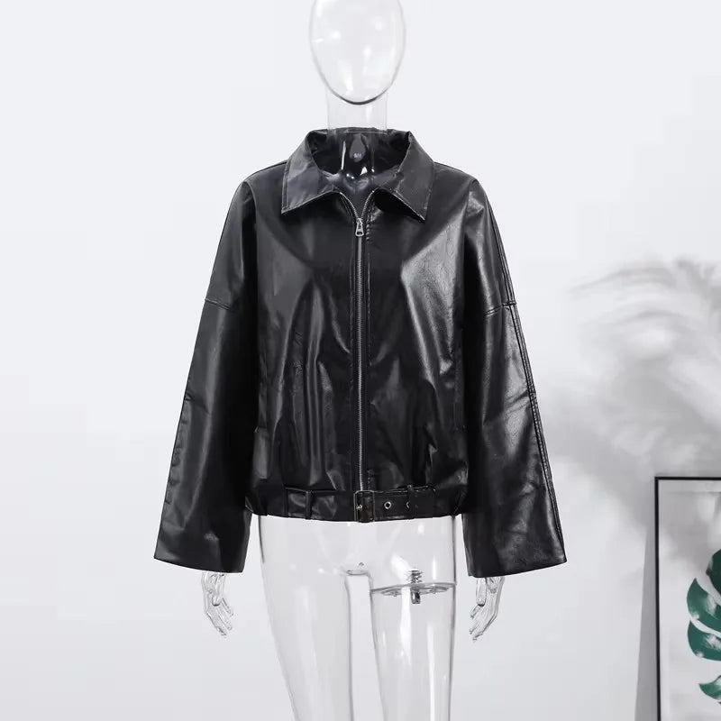 Women's Faux-Leather Lapel Zip-Front Jacket