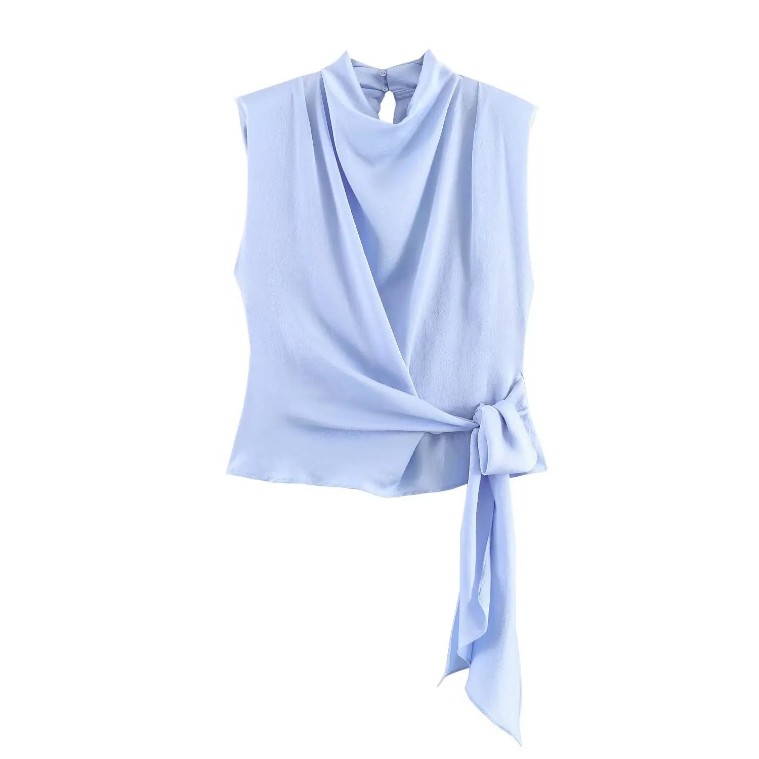 Women's Sleeveless Blouse with a Draped Neckline and Long Ribbon Ties