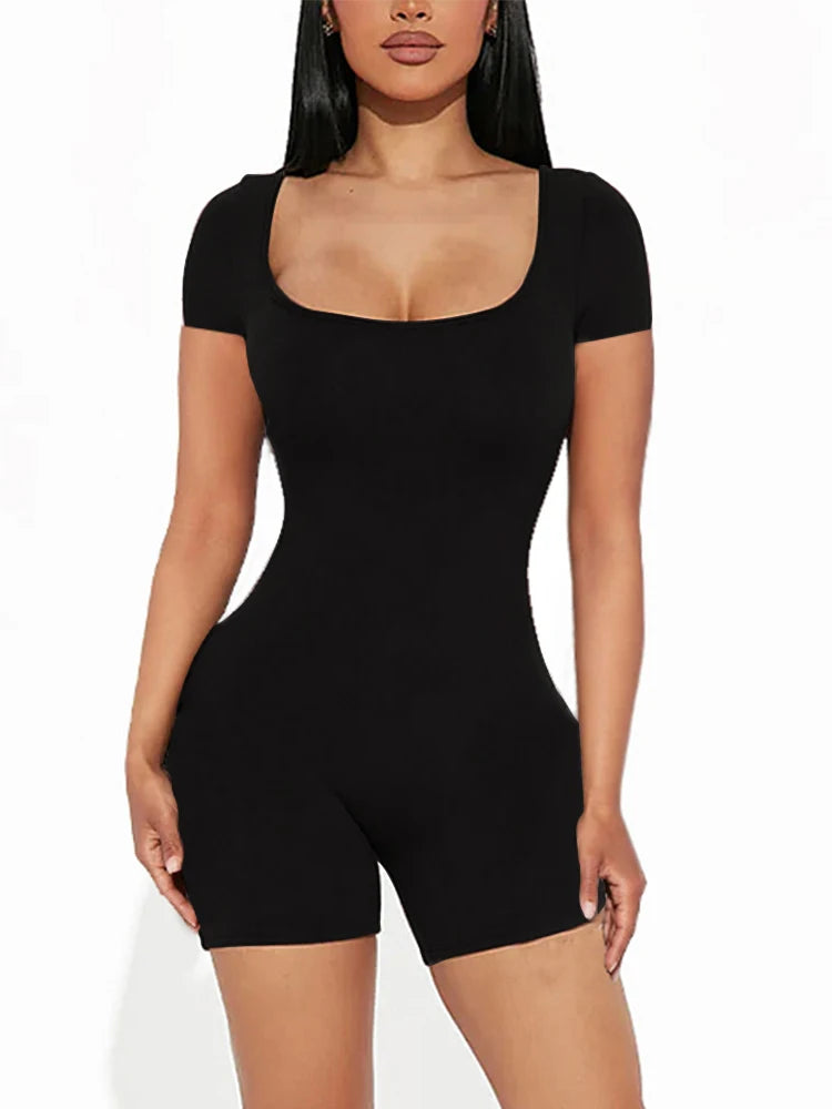 Women's Square Neck Short Sleeve Romper with Fitted Short Legs
