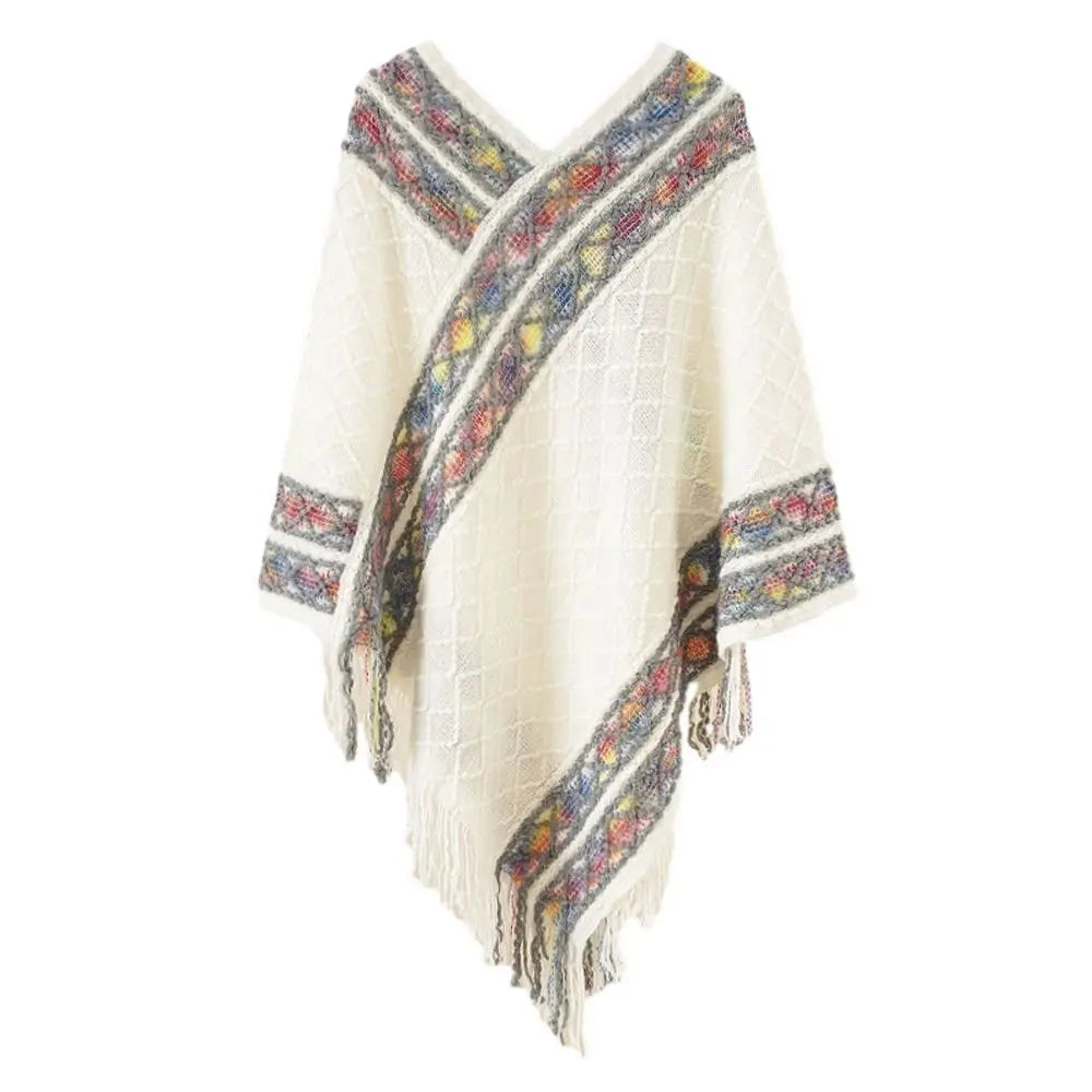 Patterned Fringe Hem Poncho for Layering over Outfits