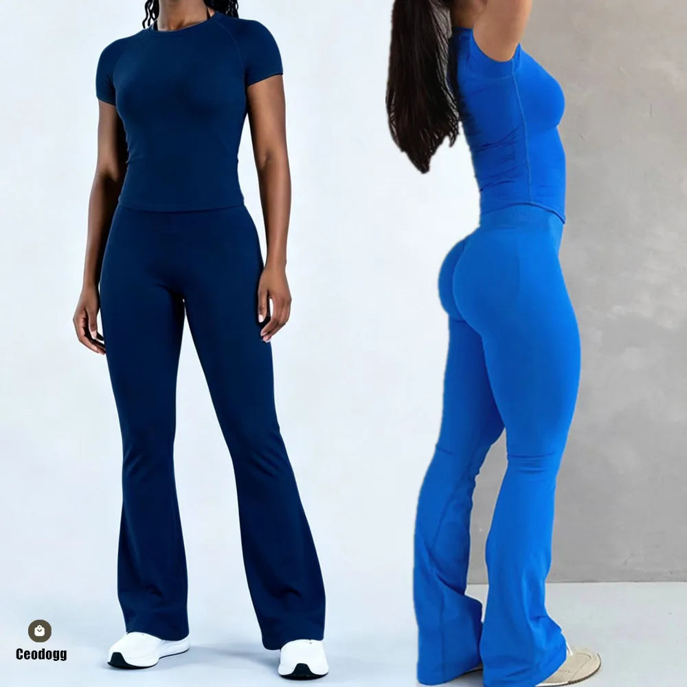 Women's Tee And Flared Bottoms Yoga Set For Workout Outfits