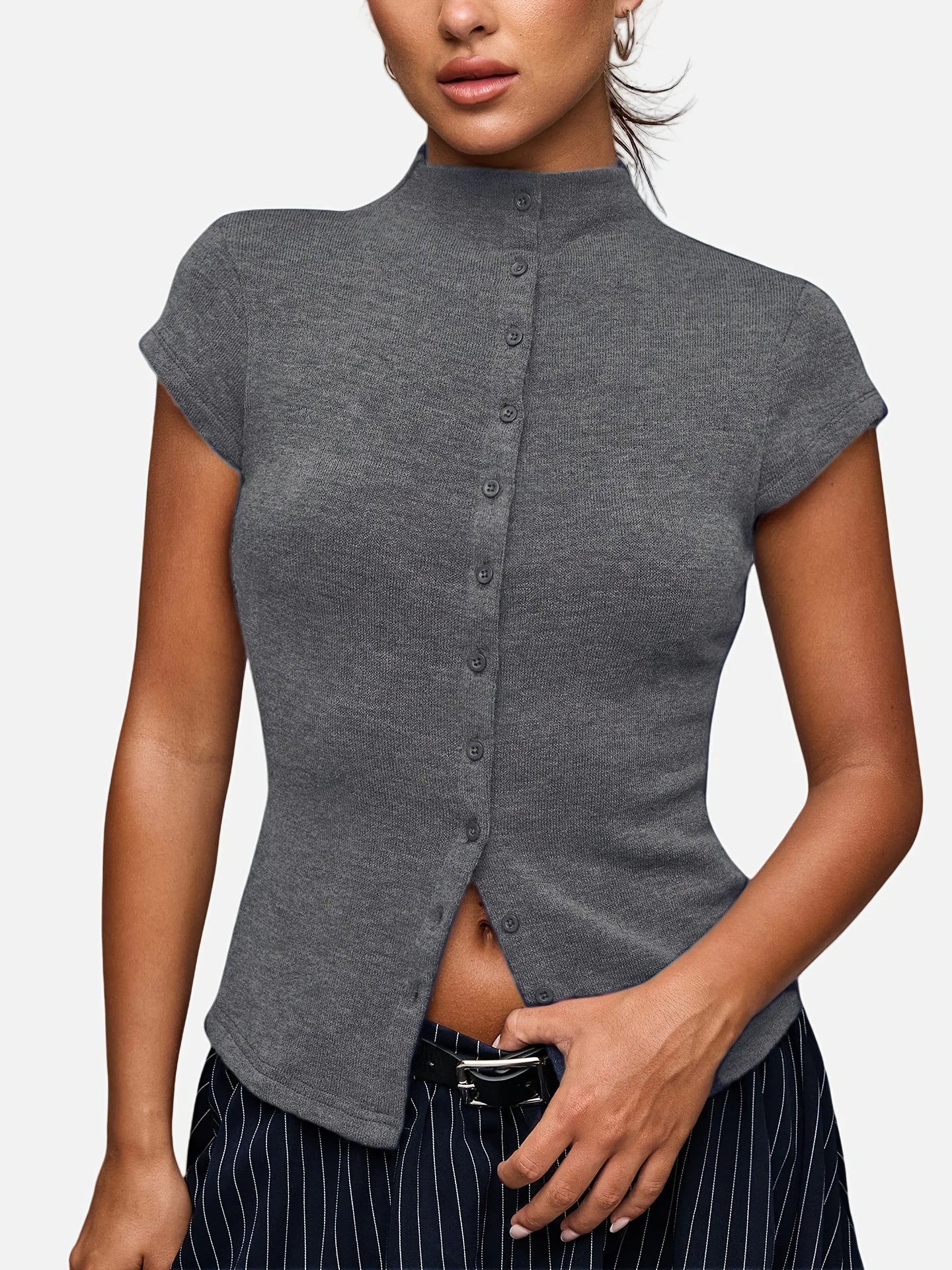 Women's Short Sleeve High Collar Button Front Cardigan