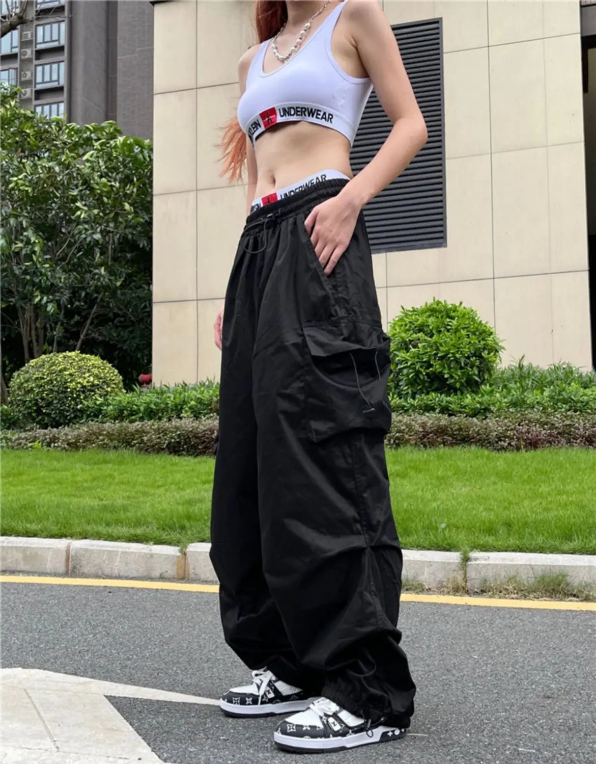 Women's Parachute Cargo Pants with Drawstring Waist and Side Pockets