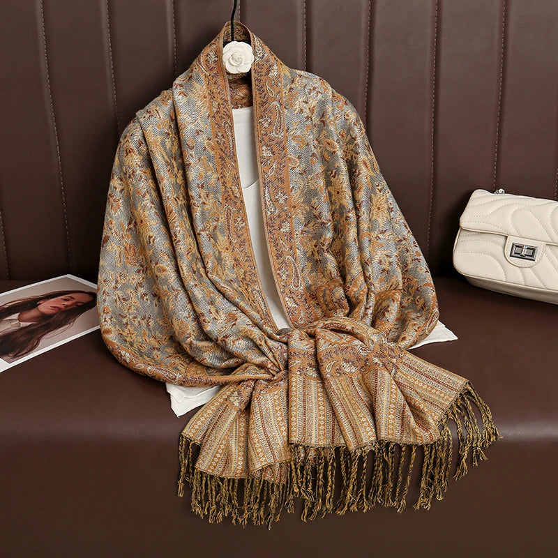 Paisley Floral Print Long Scarf with Fringed Ends