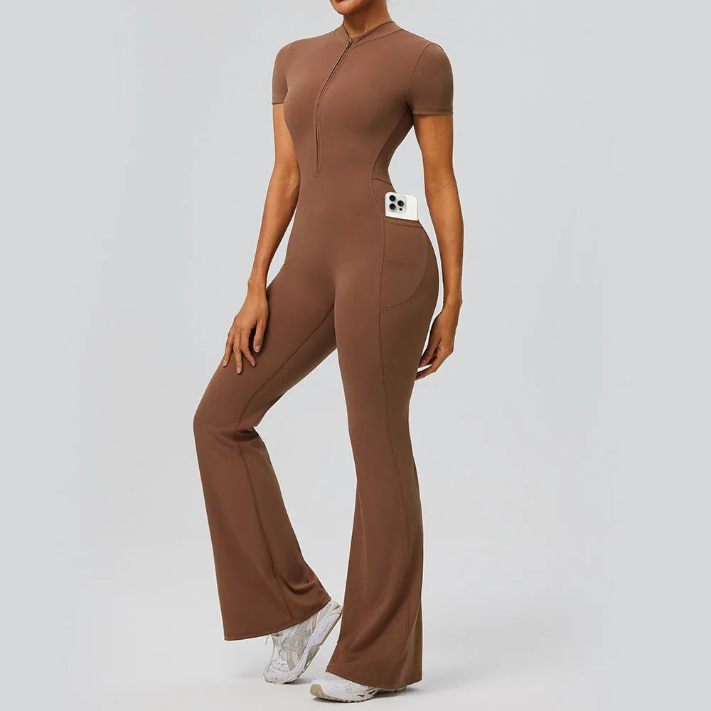 Women's Short Sleeve Nylon Blend Flared Workout Jumpsuit with Front Zip