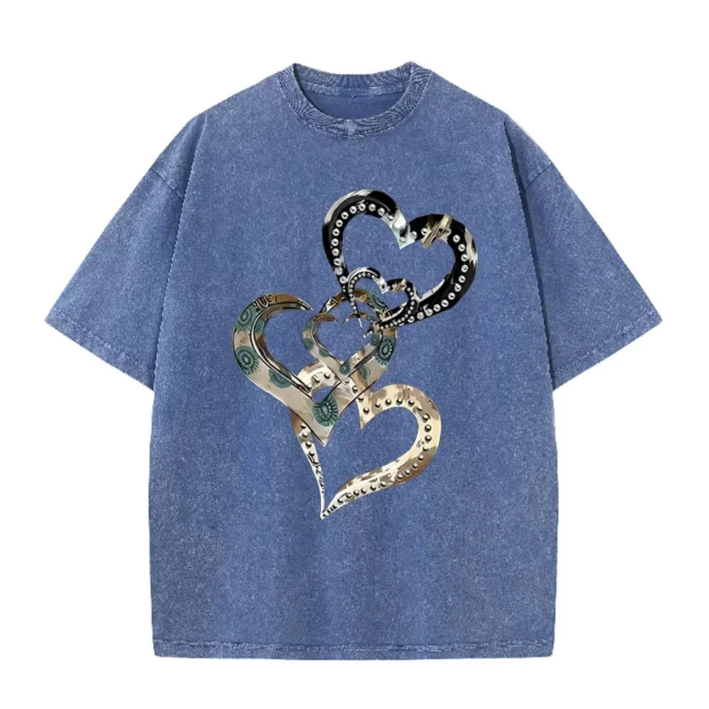 Retro Acid Wash Oversized T-shirt Metallic Multi Heart Print Punk Rivet Design Casual Street Tops