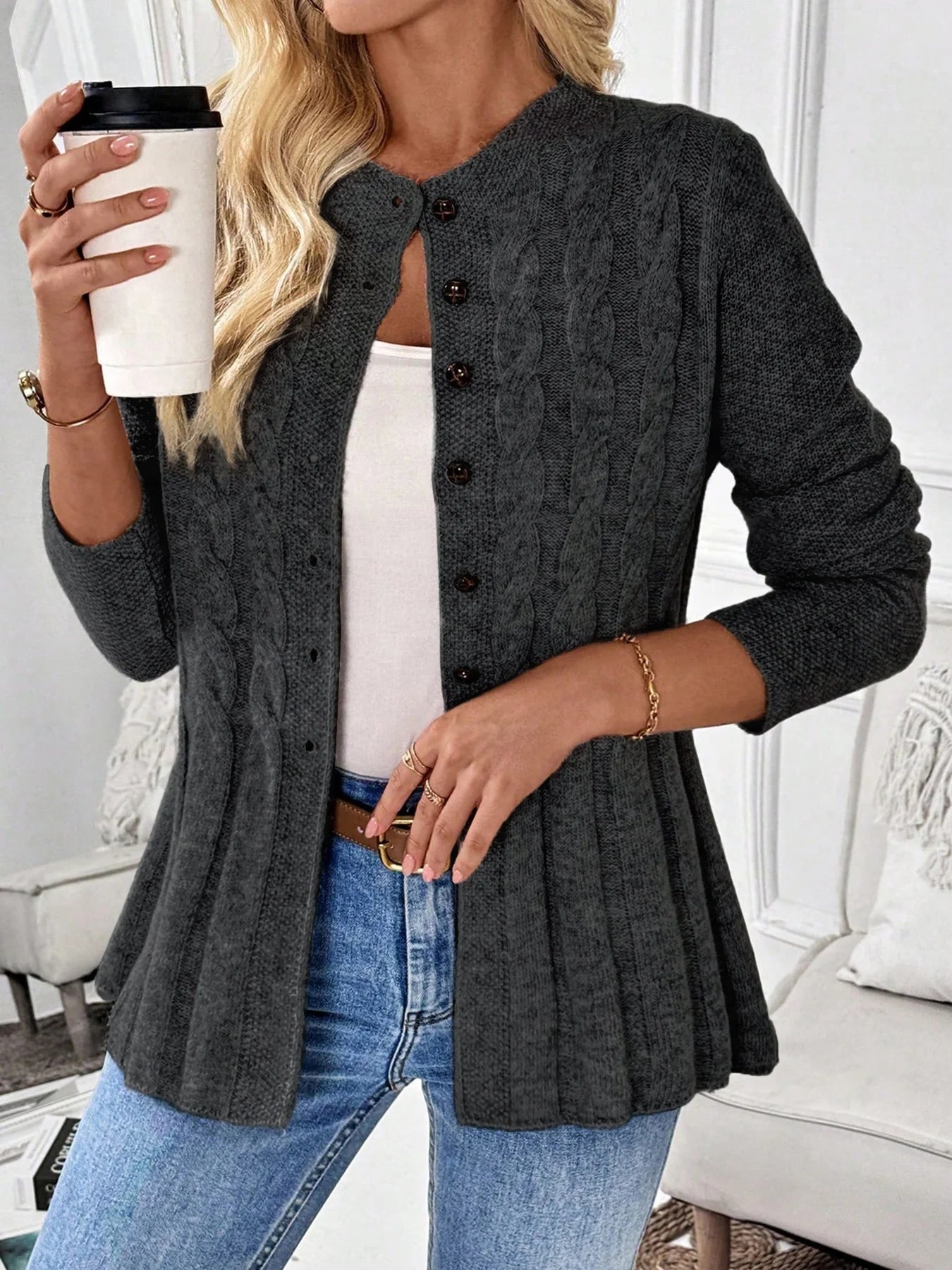 Women's Long Ribbed Button Front Cardigan Casual Knit Layer