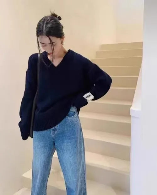 V-neck 100 pure wool sweater for women in autumn and winter, loose and thick sweater, long-sleeved knitted top