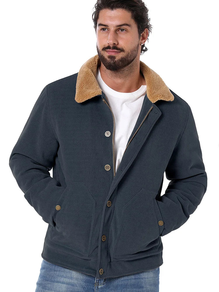 Men's Winter Corduroy Jacket Fleece Warm Lined Cargo Work Jacket Casual Thick Sherpa Collar Trucker Deck Navy Coats