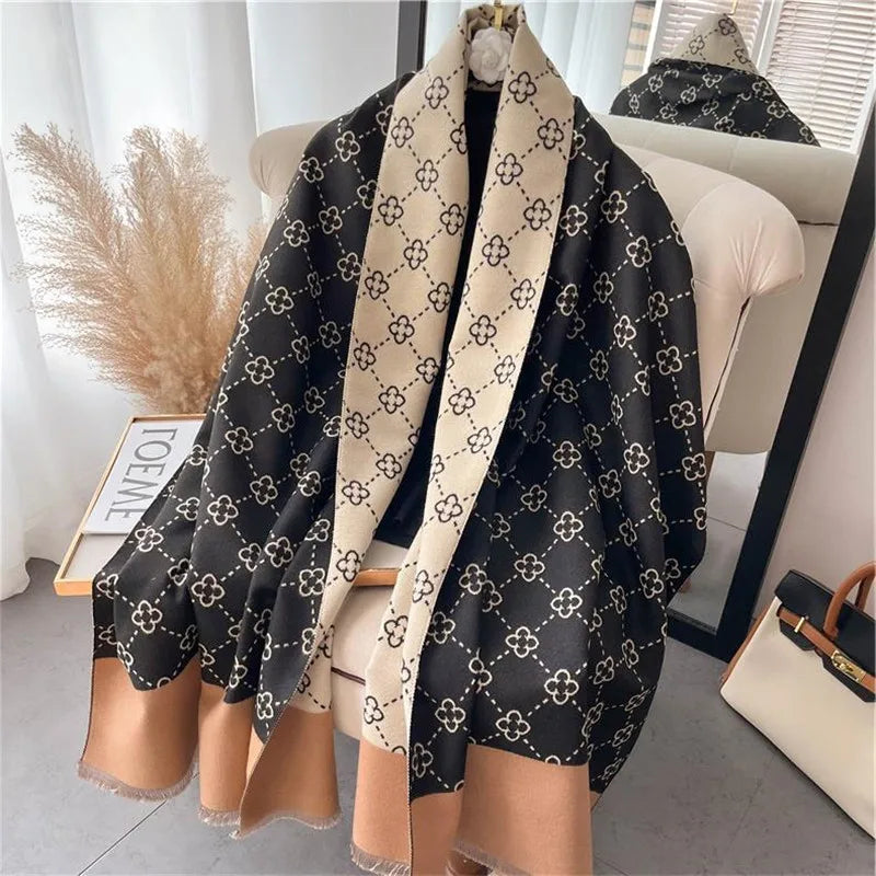 Printed Long Fringed Scarf with Repeating Floral Pattern