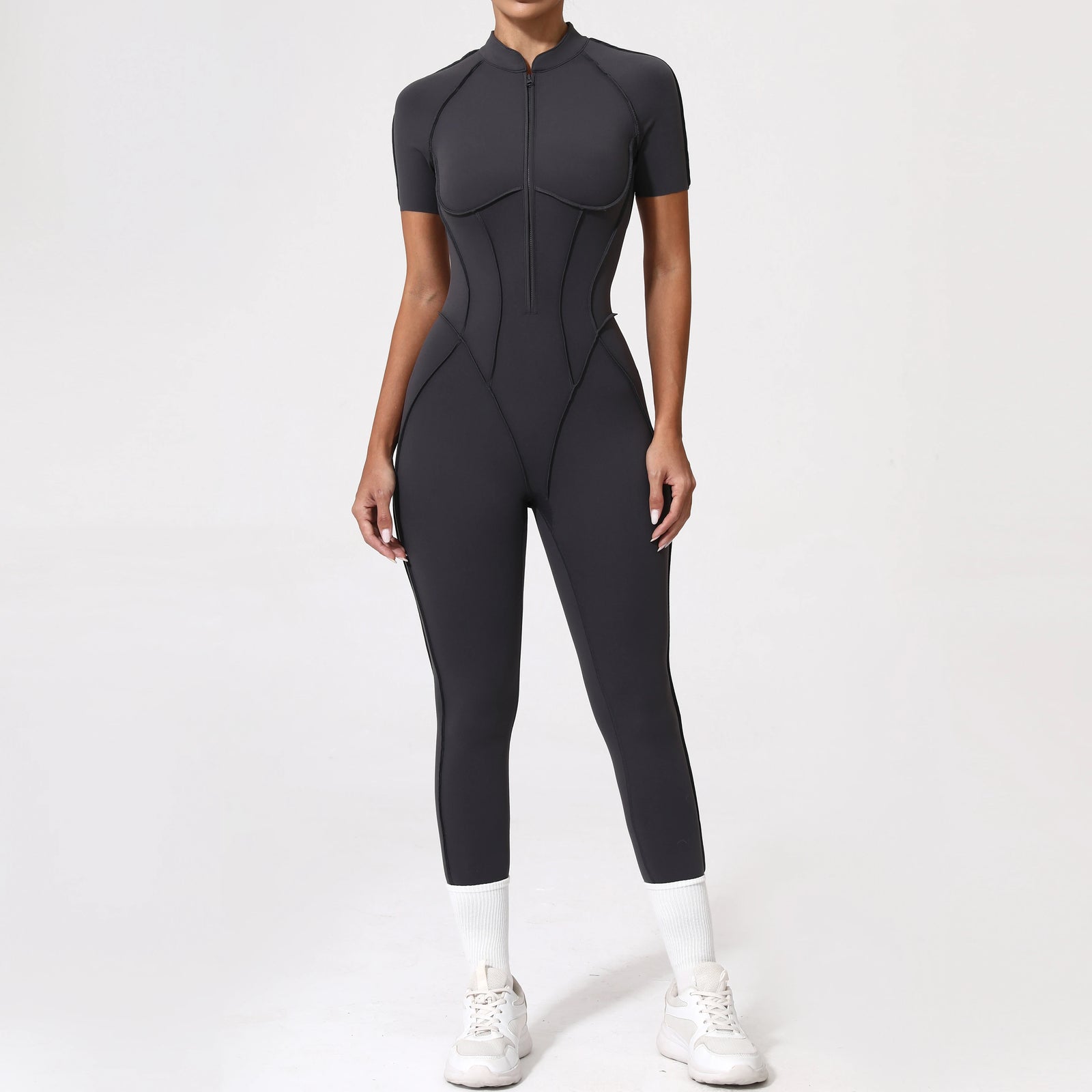 Women's Cap Sleeve Zip Front Back Cutout Workout Jumpsuit