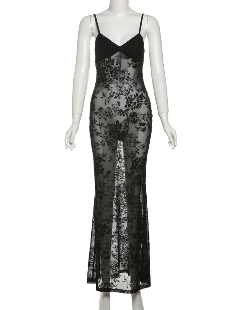 Women's Polyester-Elastane Sleeveless Backless Floral Sheer Ankle-Length Dress for Evening Party Outfits