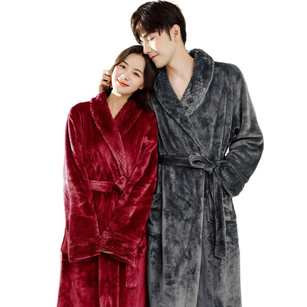 Fleece Lapel Collar Long Sleeve Tie Waist Homewear Bathrobe