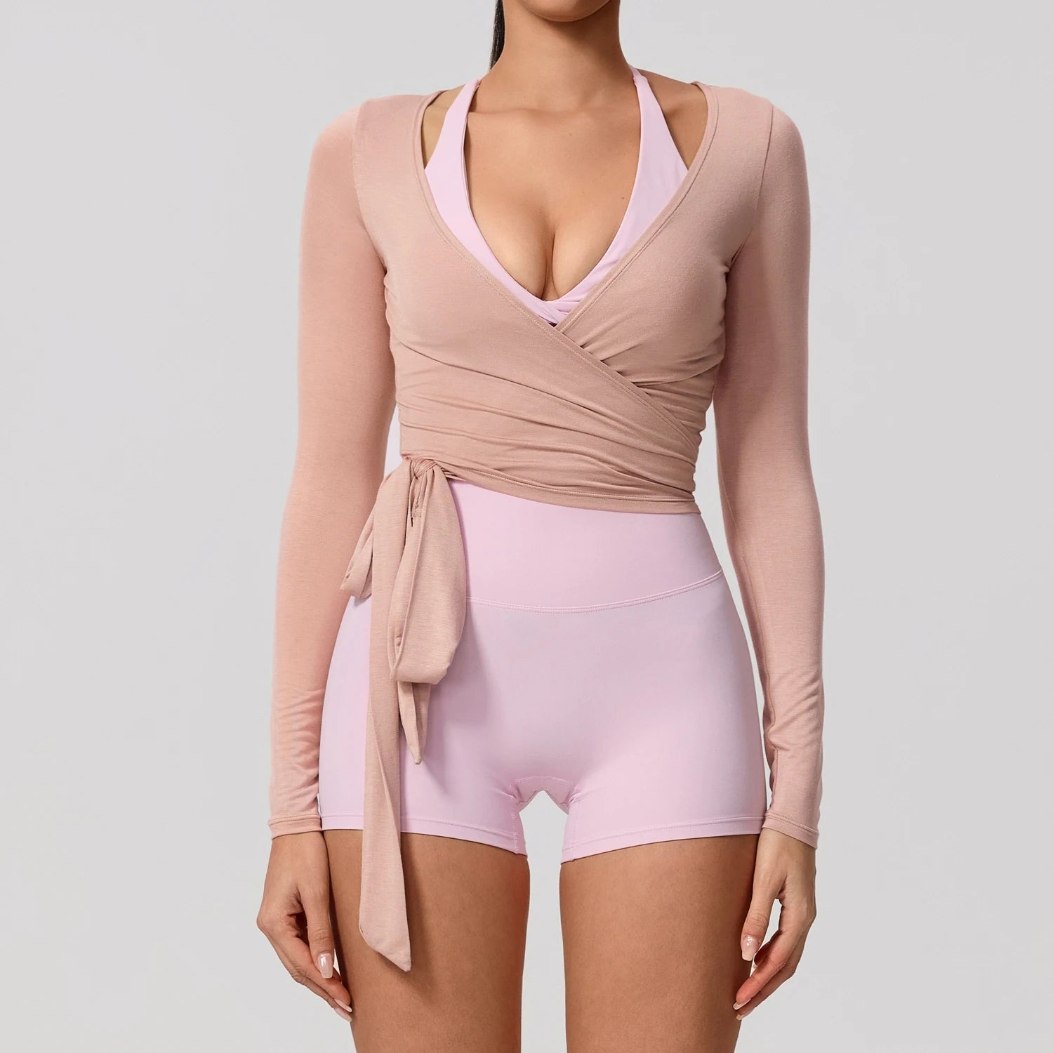 Women's Wrap Tie Front Long Sleeve Crop Top