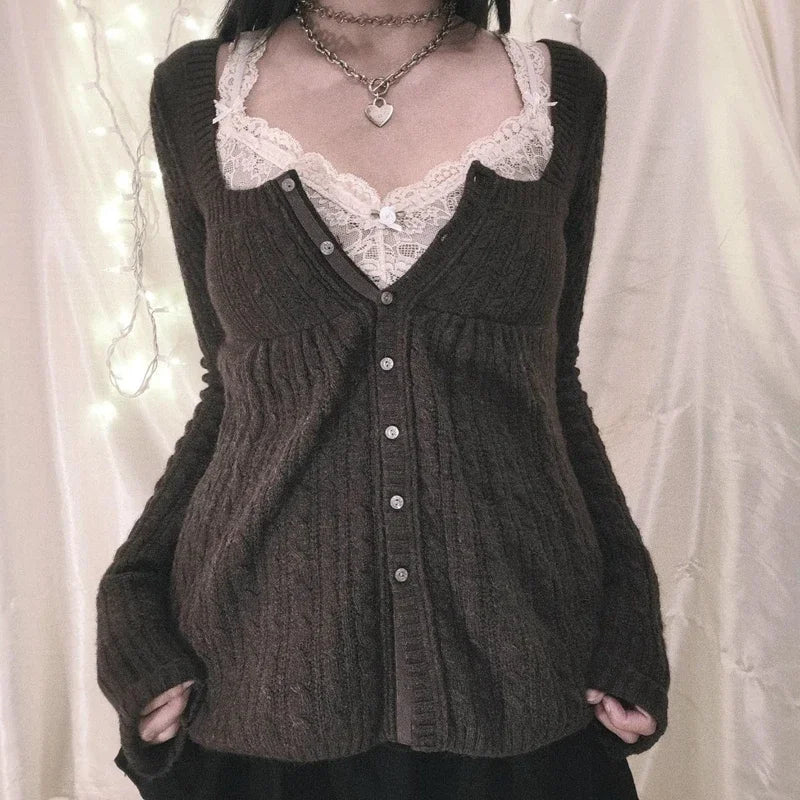 Women's Square Neck Lace Knit Sweater Casual Knit Layer