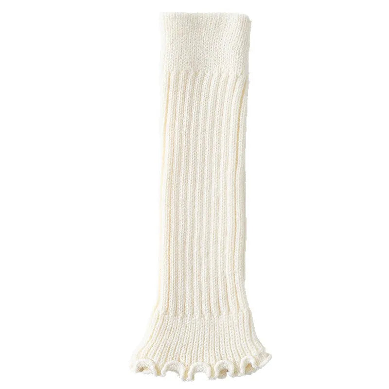 Solid Ribbed Calf Leg Warmers with Ruffled Edge Trim