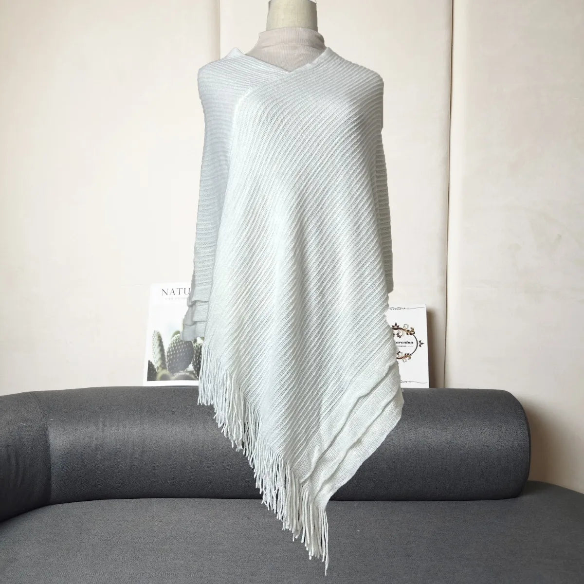Knit Fringe Hem Poncho for Layering over Outfits