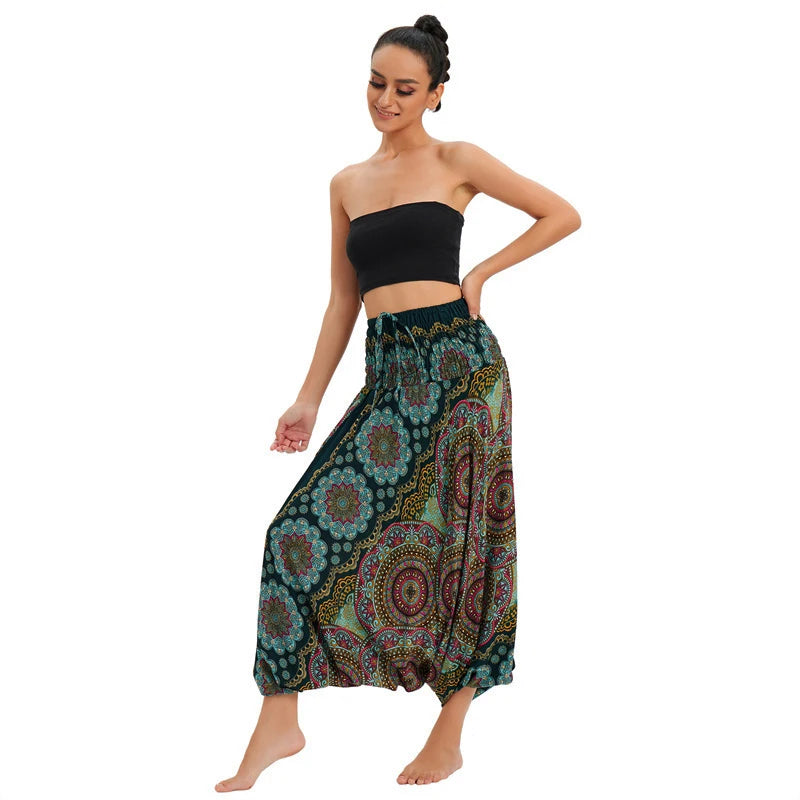 Women's Printed Rayon Harem Pants with Elastic Waist and Convertible Styling