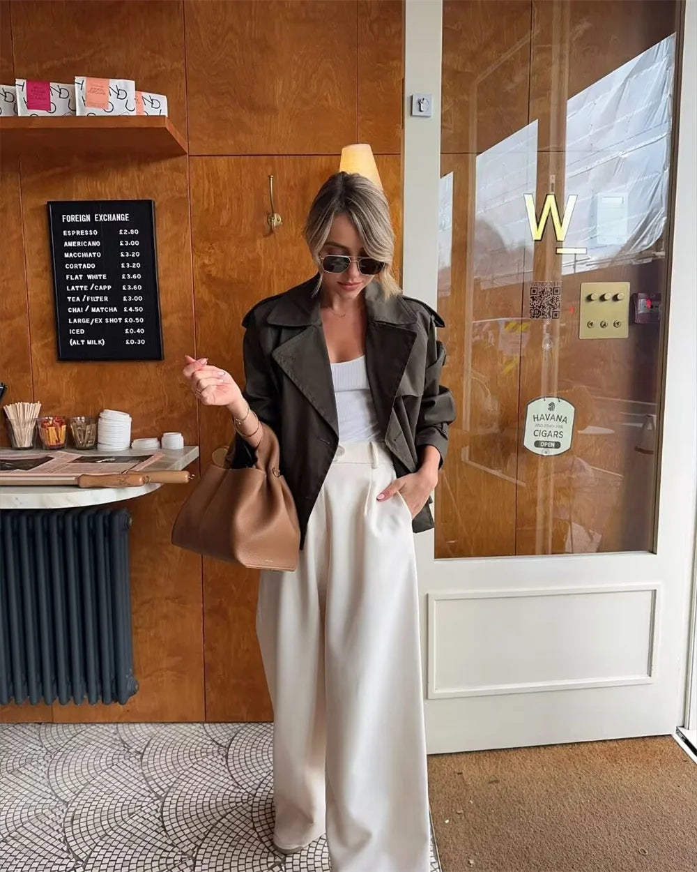 Cropped Double-Breasted Long-Sleeve Trench Jacket
