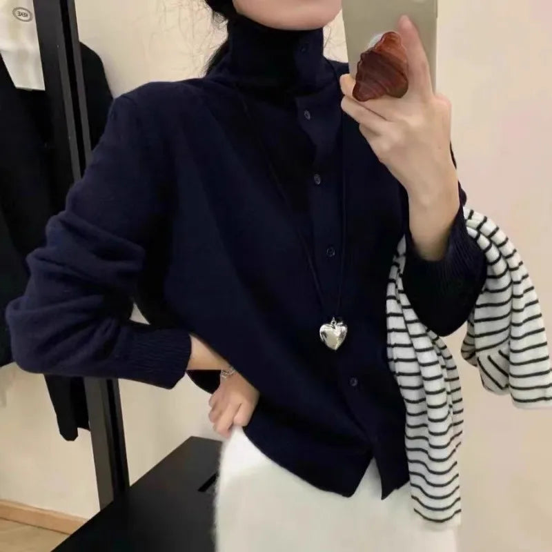 French-style high-neck 100 pure cashmere knitted cardigan for women's autumn and winter loose sweater with wool base coat