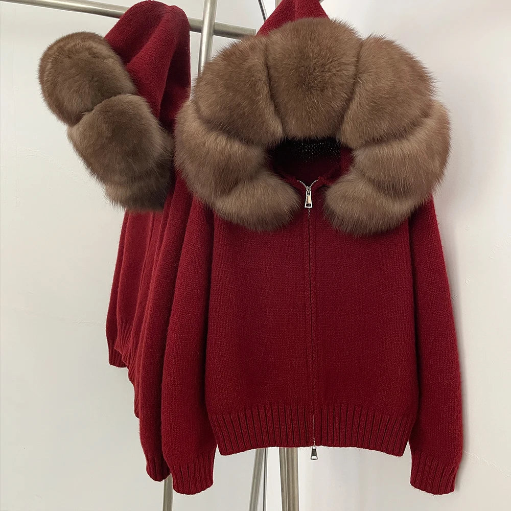 Women's Polyester Zip-Front Long-Sleeve Knit Jacket with Fox-Fur Collar for Winter Outfits