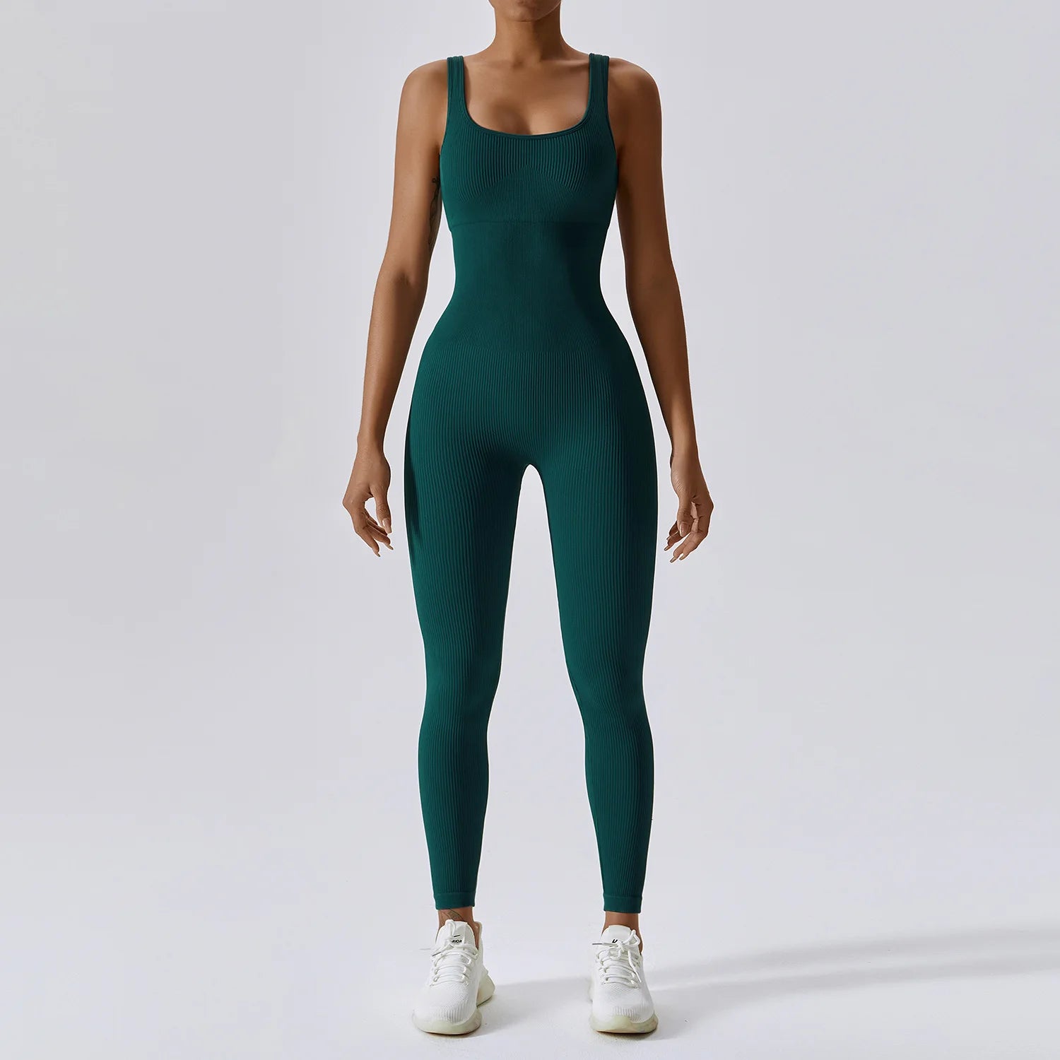 Women's Ribbed Nylon Blend Sleeveless Workout Jumpsuit with Scoop Neck