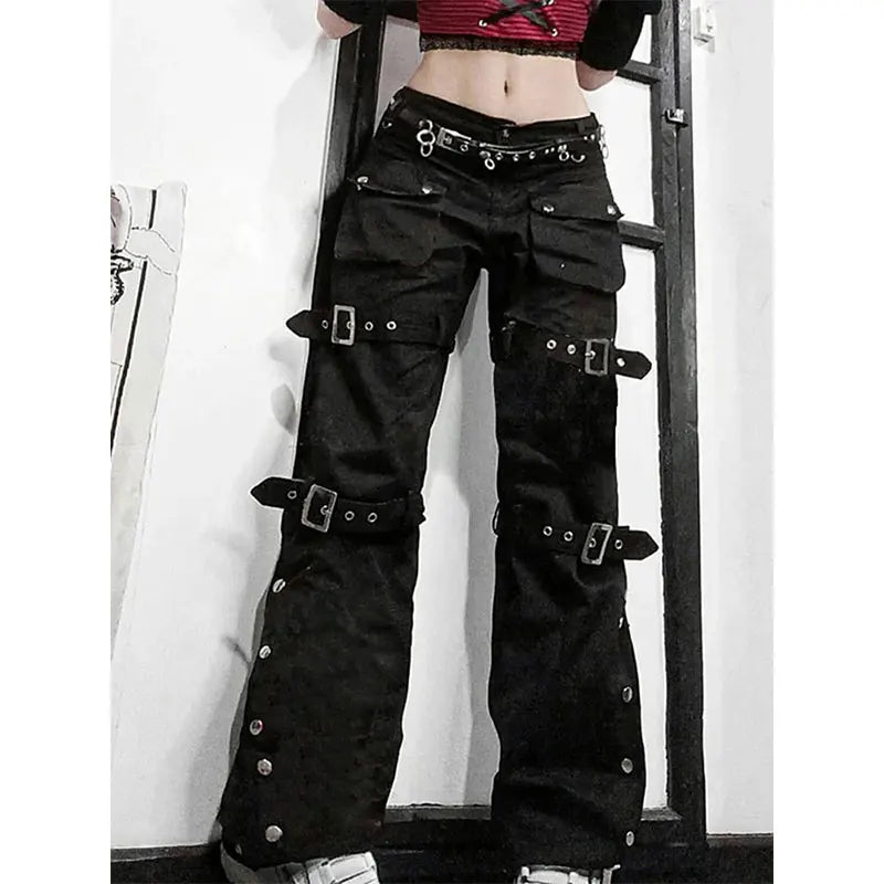 Women's Black Cargo Pants with Metal Buttons and Side Straps