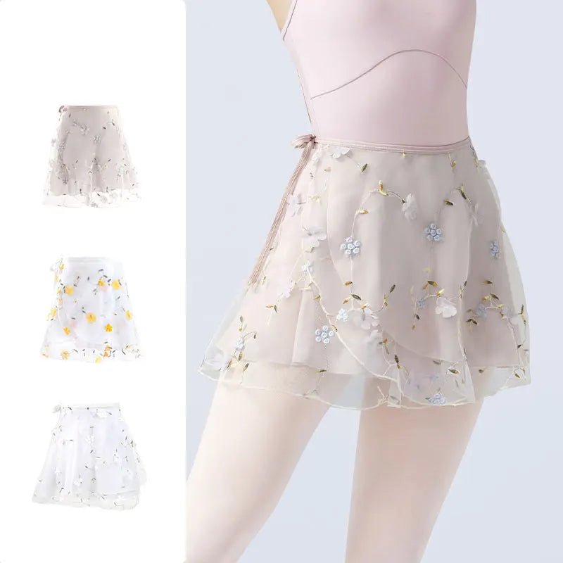 Women's Floral Embroidered Ballet Wrap Skirt with Two Layer Mini Design
