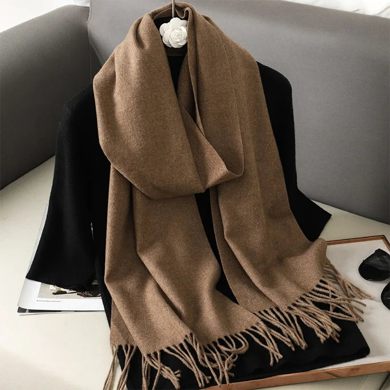 Solid Long Rectangular Scarf with Decorative Fringe Trim