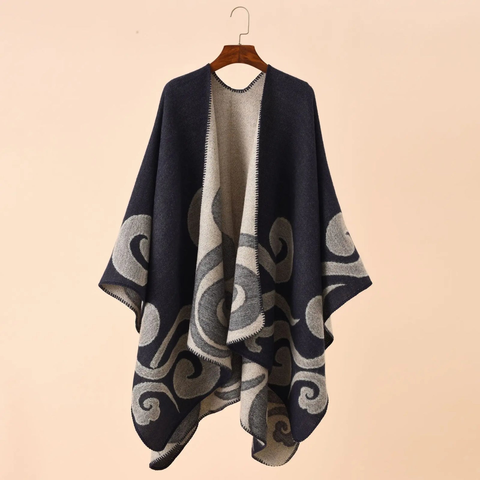 Swirl Pattern Pointed Hem Poncho for Layering over Outfits
